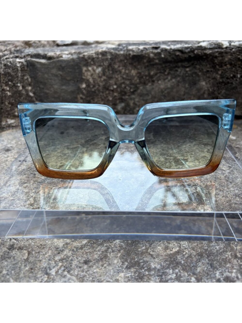 Oversized Square Gradient Sunglasses Blue Amber Ombre Retro Festival Sunnies - Picture 11 of 16